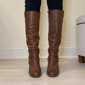 Brown wood heel knee boots. Gorgeous leather.